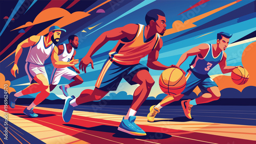 Four basketball players running on a court during a competitive game in a colorful and dynamic scene
