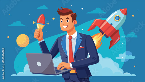 Man in suit working on laptop while holding a rocket toy, with rocket launching in the background