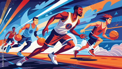 Basketball players run on a court while dribbling basketballs during a game at sunset