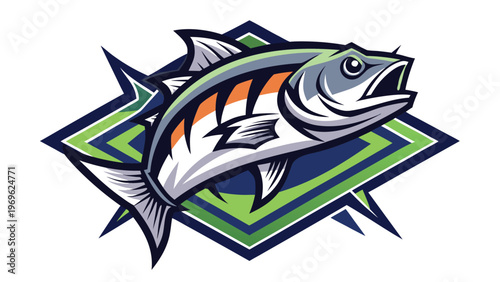 Creative fish logo design with bold colors and sharp shapes for branding purposes in sports or fishing