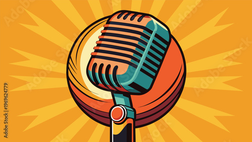 Retro style microphone in front of a vibrant orange background featuring sunburst patterns for a lively atmosphere