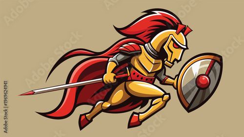 Warrior in armor runs with shield and spear during a battle scene on a neutral background