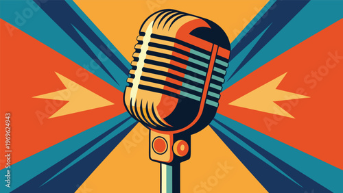 Retro style microphone in bright colors with graphic design elements in the background