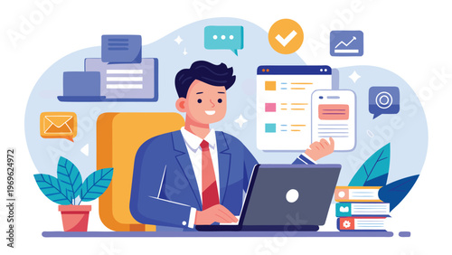 Man working at a desk with a laptop and various digital tasks in a modern office setting in the daytime