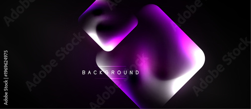 Abstract neon shapes overlap dark background. Gradient purple, pink hues create futuristic design. Minimalist aesthetic, modern feel.