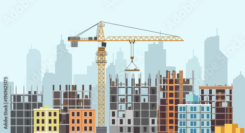 Construction Site With Crane Building New Skyscrapers.