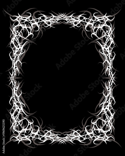 Tribal thorn frame vector with abstract spiky organic lines, gothic metal style border isolated on black background