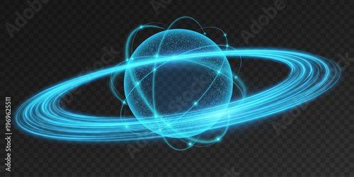 Glowing atom featuring blue elliptical rings circling a radiant central core with glowing swirling rings around on transparent background. Atomic structure concept. Vector illustration.