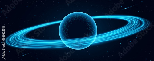 Abstract blue 3D planet with swirling glowing rings around in deep space. Minimalistic cosmic, vibe. Concept related to astronomy, astrophysics, and universe visuals. Vector illustration.