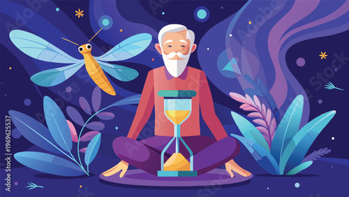 Elderly man sitting cross-legged with hourglass and dragonfly in a colorful background