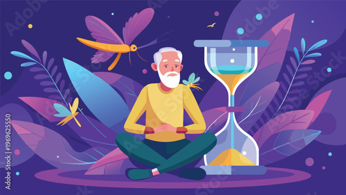 Elderly man sits calmly with an hourglass surrounded by colorful plants and insects in a vibrant setting