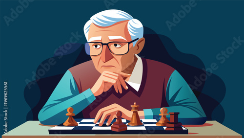 Elderly man thinks deeply while playing chess at a wooden table in a quiet indoor setting during daytime