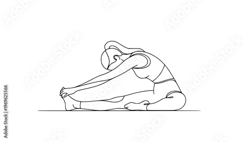 Modern minimalist line art of seated stretching yoga woman isolated on white background vector