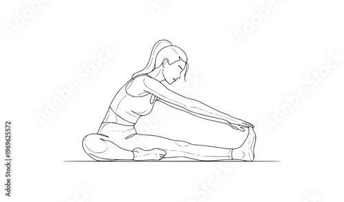 Minimalist seated stretching yoga woman line drawing vector illustration isolated on white