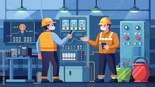 Workers discuss operations and monitor equipment in a control room during a shift at a facility