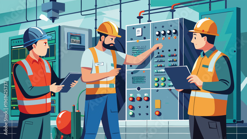 Electricians work on control panel in factory during day shift while communicating and checking equipment