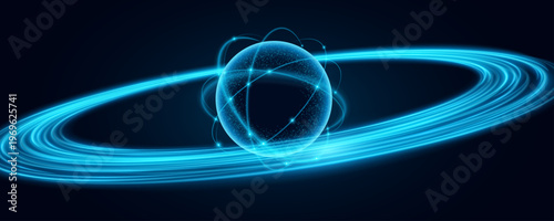 Abstract glowing atom featuring blue elliptical rings circling a radiant central core with glowing swirling rings around on dark background. Atomic structure concept. Vector illustration.