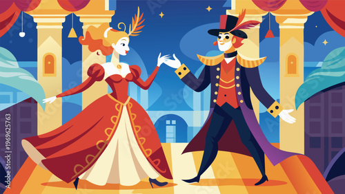 Couple dancing at a masquerade ball in a grand setting with elegant costumes and decorations during a festive evening