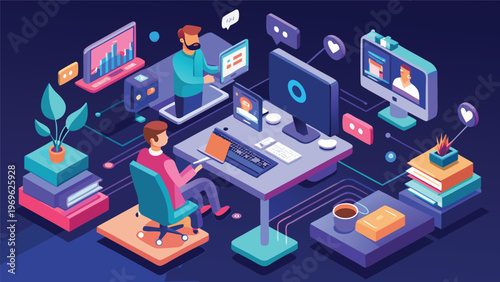 People working on computers with tools and data in an office setting during daytime