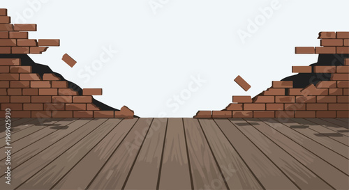 Abstract illustration of a broken brick wall with a wooden floor, symbolizing destruction and reconstruction
