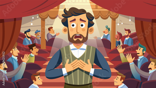 A man stands on stage looking worried as he faces a crowd of people in a theater during a performance