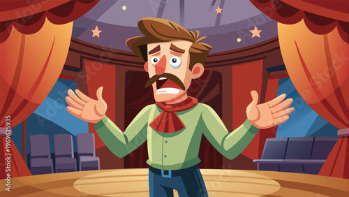 Man stands on stage with open arms during a performance at a theater in the evening with empty seats in the background