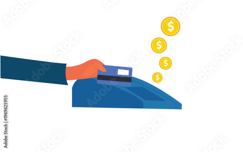 Digital transactions, cashless payment. Hand swiping a blue credit card through a payment terminal with gold dollar coins floating above. Flat illustrator vector file. High quality image