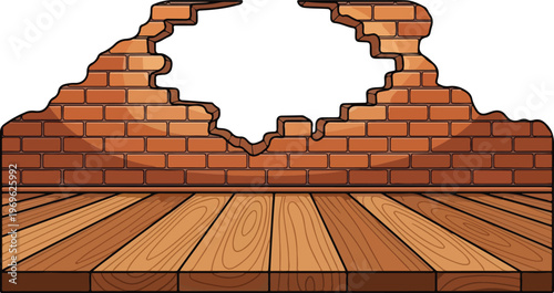 Broken brick wall with wooden floor illustration, symbolizing destruction and renovation