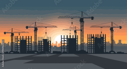 Construction Site With Cranes and Buildings Under Sunset Sky.