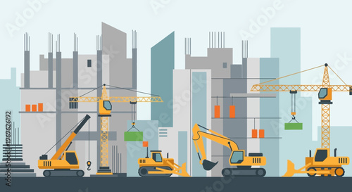 Construction Site with Cranes and Excavators Building City.