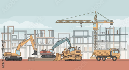 Construction Site with Heavy Machinery and Building Framework.