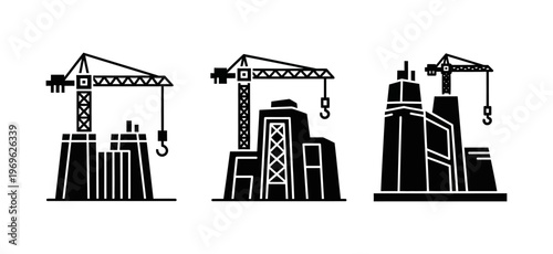 Set of three stylized construction site icons featuring cranes and buildings in a modern artistic style