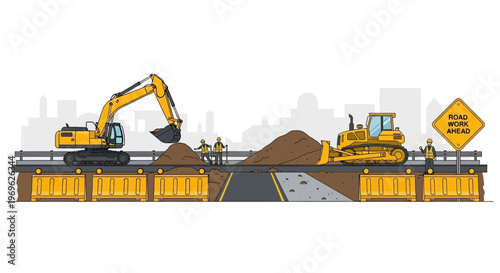 Construction site with excavator and bulldozer working on road repair.