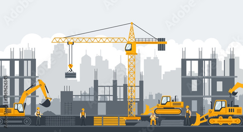 Construction Site with Heavy Machinery and Buildings.