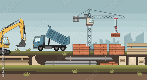 Construction Site with Heavy Machinery and Materials.