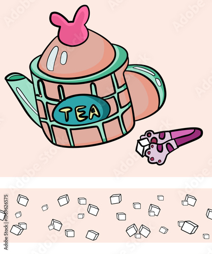 Teapot, seamless pattern, sugar tongs, sugar, cat paw shaped sugar tongs, sugar.
