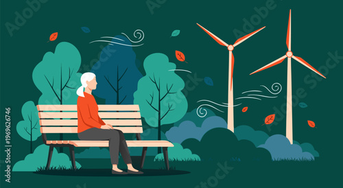 Vector illustration of elderly woman on bench beneath autumn trees beside wind turbines in park