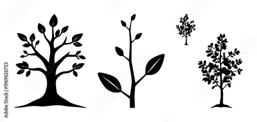 Reforestation set with a simple silhouette tree sapling featuring nature, environment, plant with growth and ecology icon