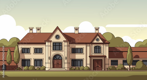Vector illustration of luxurious beige mansion with red roof amid trimmed lawn and soft clouds