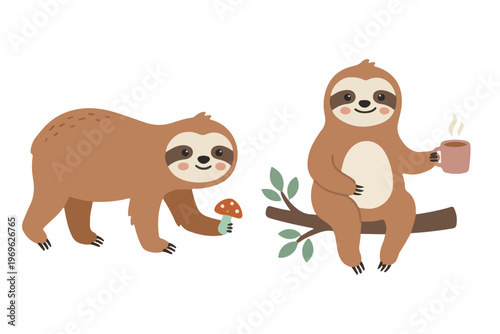Cute Sloth Character Set with Mushroom and Coffee Cup in Flat Scandinavian Style Illustration