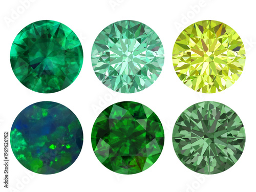 Six Green Round Gemstones Luxury Gem Set, Six green round gemstones brilliant cuts and opal for luxury jewelry, branding, and fashion design.