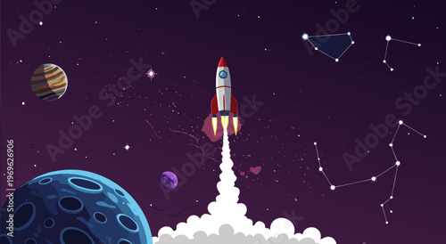 🚀 Amazing Space Adventure Rocket Launching Into The Stars With Constellations and Planets - Vector Illustration For Your Cosmic Journey
