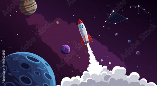 Retro rocket blasting off into outer space with planets and constellations, vector illustration