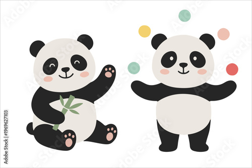 Playful Panda Juggling Balls and Holding Bamboo Leaf Vector Illustration Set