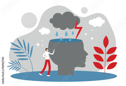 The concept of psychological problems, grief, depression and stress. Head, clouds, rain and monia