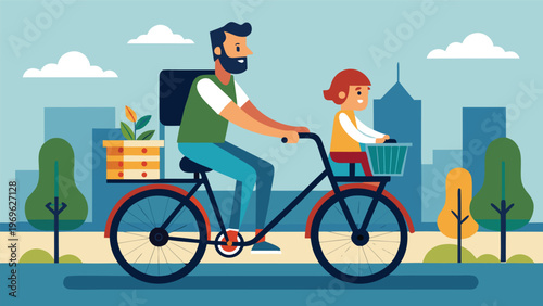 Father and child riding a bicycle in a city park during a sunny day with buildings in the background