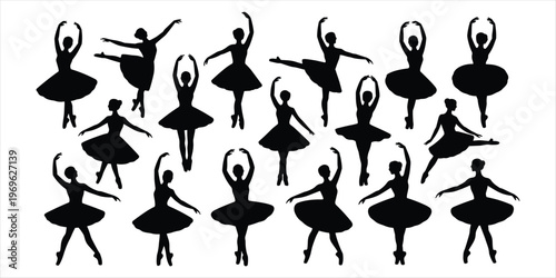 Collection of black ballerina silhouettes in various dance poses on white Keywords: ballerina, silhouette, dancer, ballet, dance