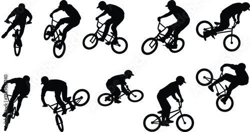 Collection of black BMX rider silhouettes performing tricks on white background Keywords: BMX, bicycle, bike, rider, cyclist