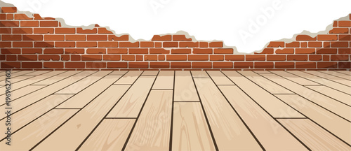 Interior background with broken brick wall and wooden floor, perspective view