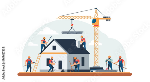 Construction workers building a house with a crane 1.